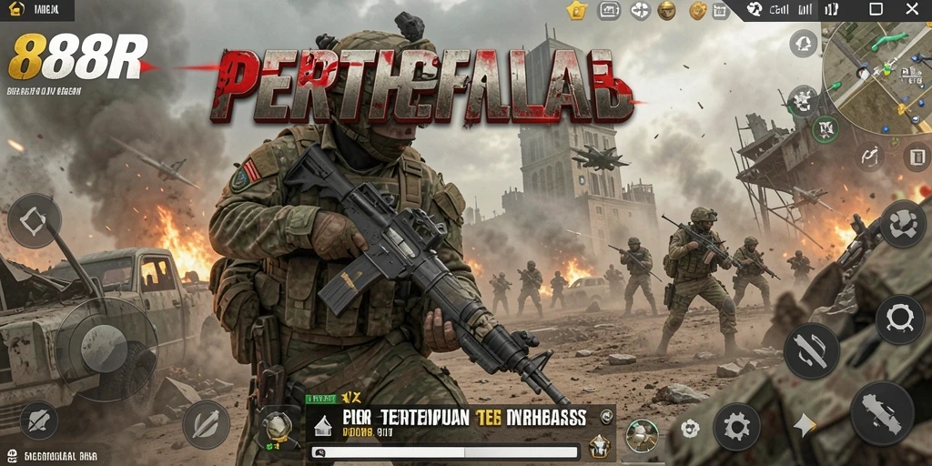 Tangkapan layar utama 888R menampilkan aksi seru dalam pertempuran Battle Royale.