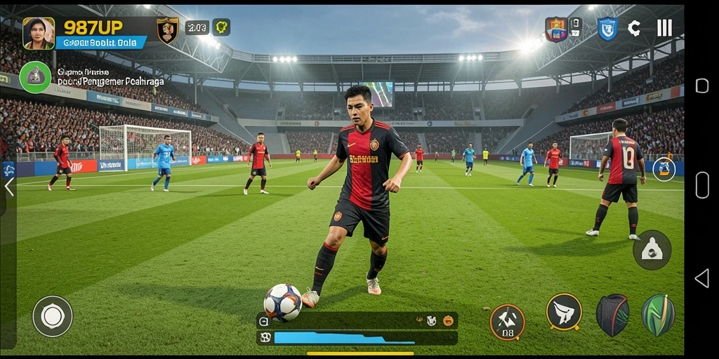 Screenshot gameplay 987UP yang menampilkan aksi seru di lapangan sepak bola.
