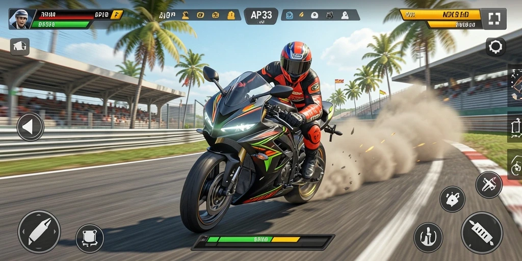 Screenshot menunjukkan aksi balapan seru dan kendaraan mengesankan.