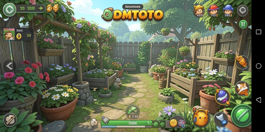 Screenshot <strong>DOMTOTO</strong> menampilkan kebun yang rimbun dan penuh tanaman.