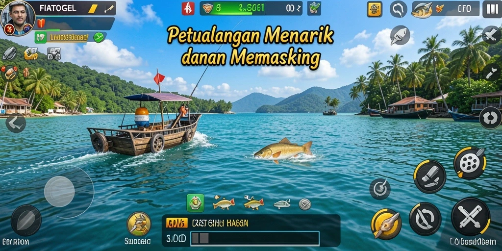 Screenshot gameplay FIATOGEL menampilkan petualangan memancing yang seru.
