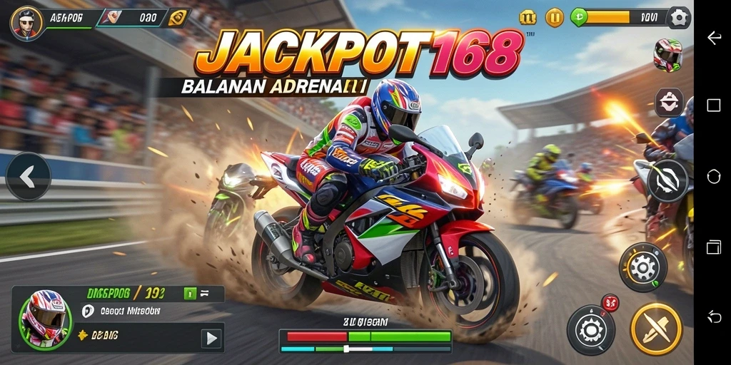 Screenshot gameplay JACKPOT168 yang menampilkan aksi balap motor yang seru.