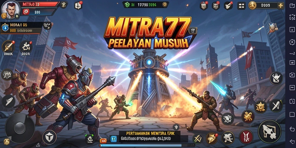 Screenshot gameplay Tower Defense MITRA77 menampilkan menara dan musuh di medan perang.