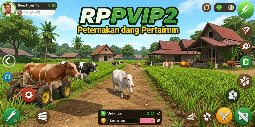 Tangkapan layar gameplay RPVIP2 menampilkan aktivitas bertani dan merawat hewan.