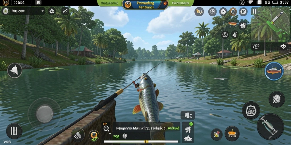 Tampilan gameplay V98 dengan suasana memancing yang realistis.